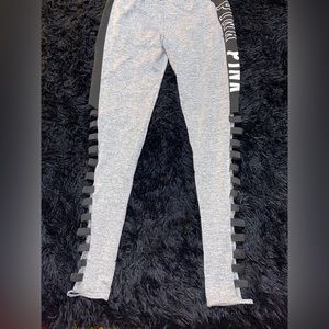 SHEIN leggings w/PINK emblem && cut outs going down each leg, size large